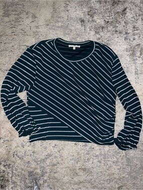 june & hudson Teal and White Striped Long Sleeve Crewneck Top